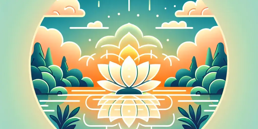 A glowing lotus flower floating on a tranquil lake surrounded by serene nature.