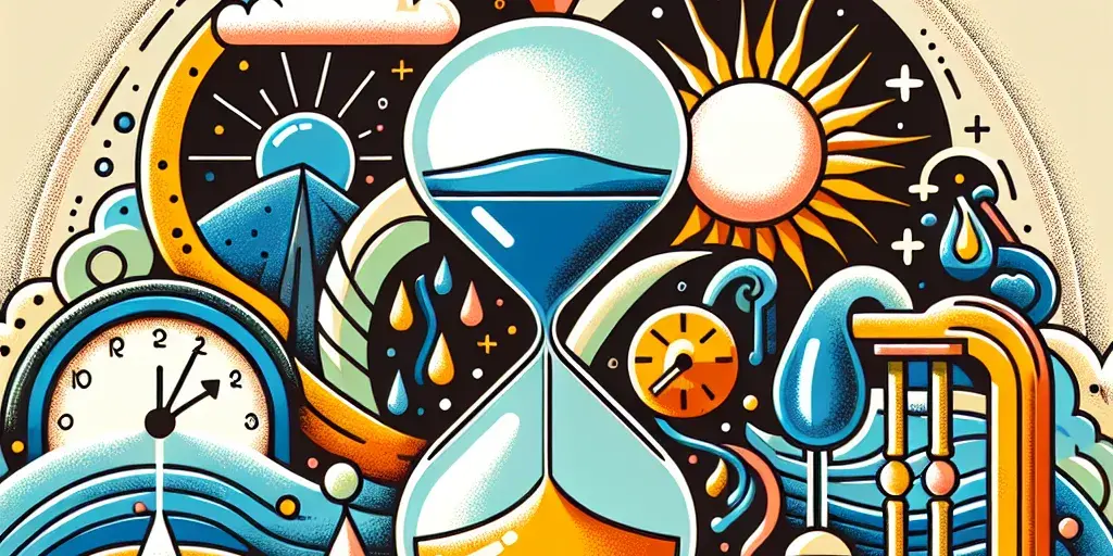 Artistic illustration symbolizing time management using hourglasses, sundials, and metaphoric symbolism in bright colors.
