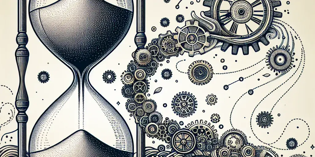 Illustration symbolizing time management with hourglass, gears, and clock hands within larger cog.