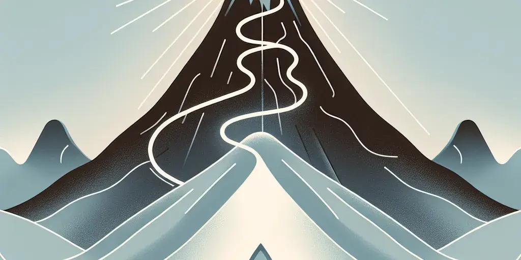 Abstract illustration depicting a mountain peak, seed sprout, and winding path symbolizing success mindset.