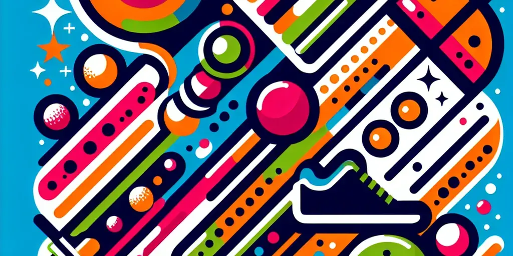 Abstract, vibrant illustration symbolizing motivation for fitness with barbells, running shoes, and yoga mats.