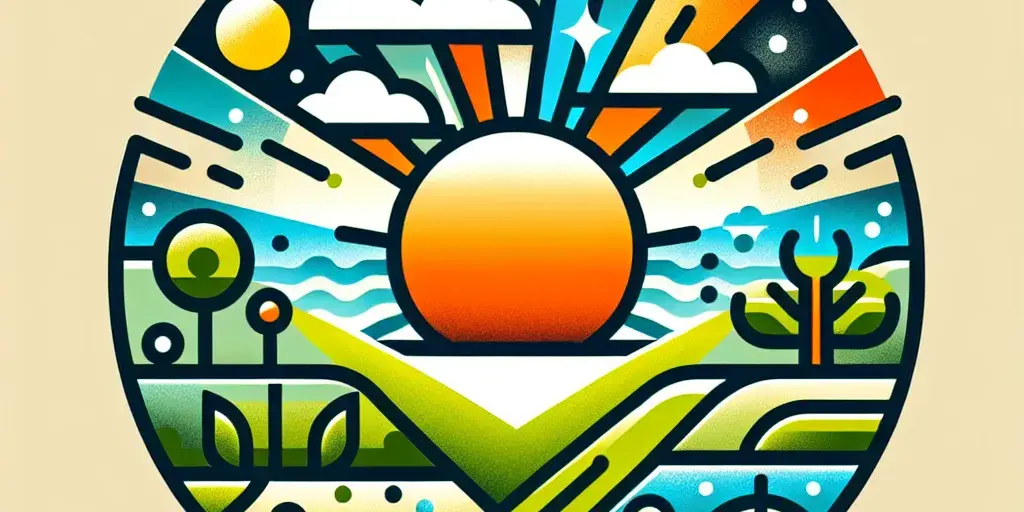 Minimalist graphic symbolizing optimism with a sunrise, green fields, and vibrant colors.