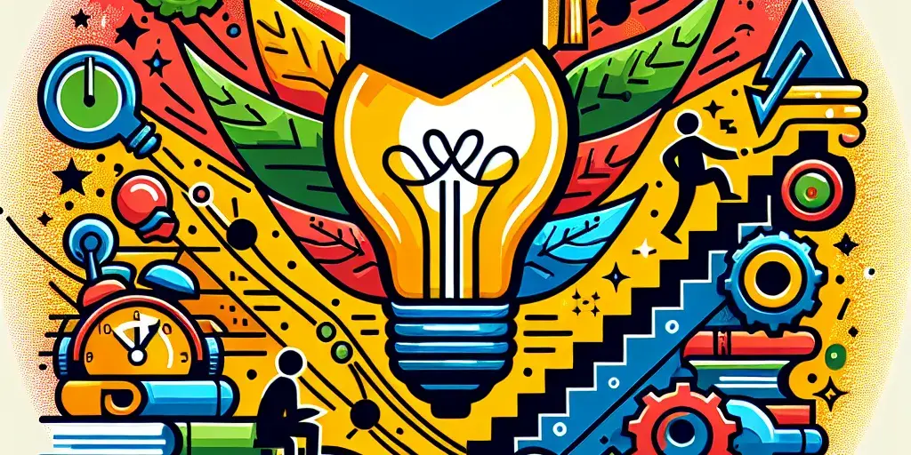 Illustration representing student motivation with books, graduation cap, light bulb, and climbing stairs.