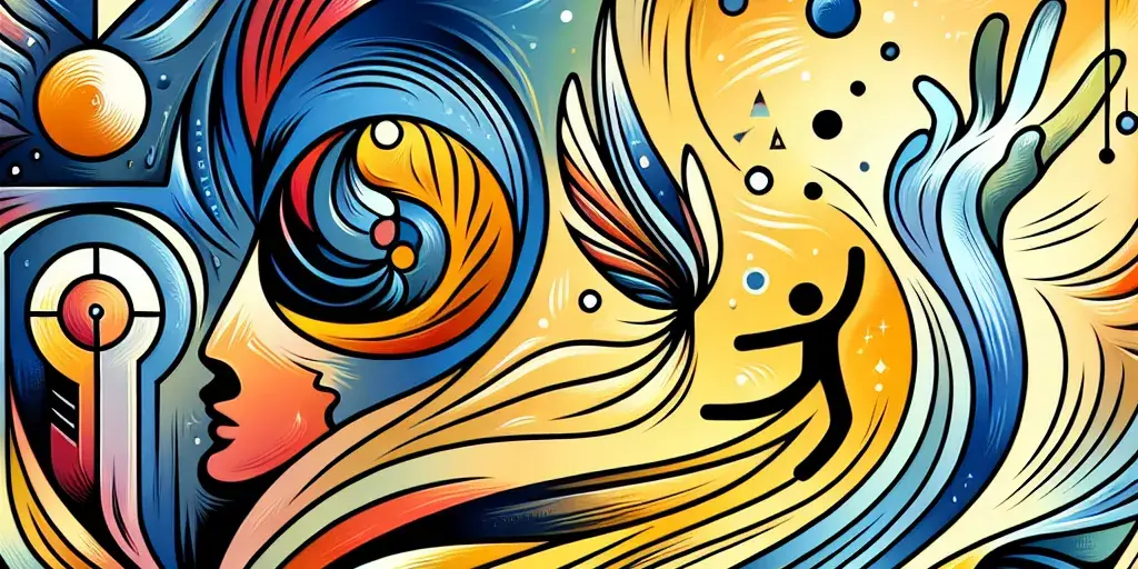 Abstract, vibrant graphic illustration symbolizing self-discovery through introspection, revelation, and personal growth.