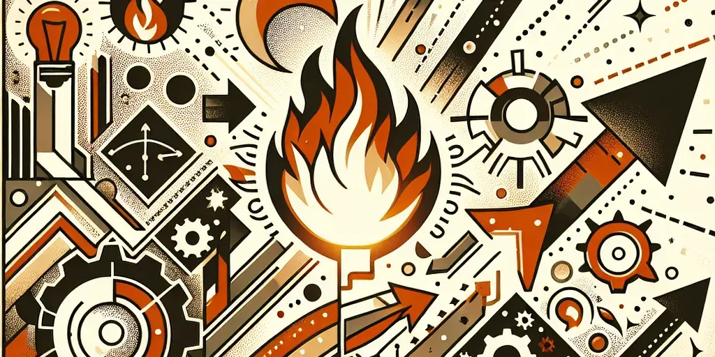 Abstract image symbolizing work motivation with arrows, fire, gears, and a rising sun.