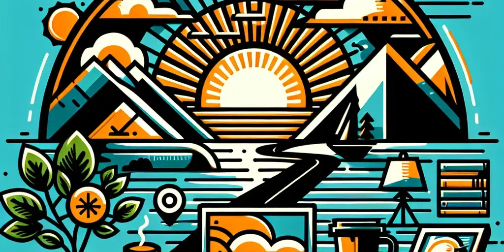 A vibrant graphic with elements of an office environment, featuring a rising sun and a sense of determination.