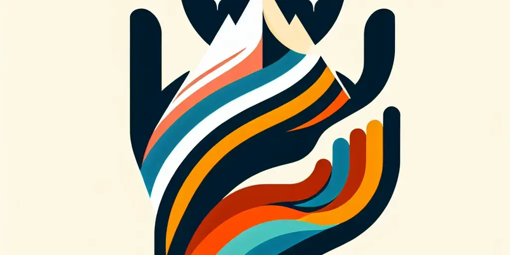 Abstract illustration symbolizing motivation and help with mountain and reaching hands.