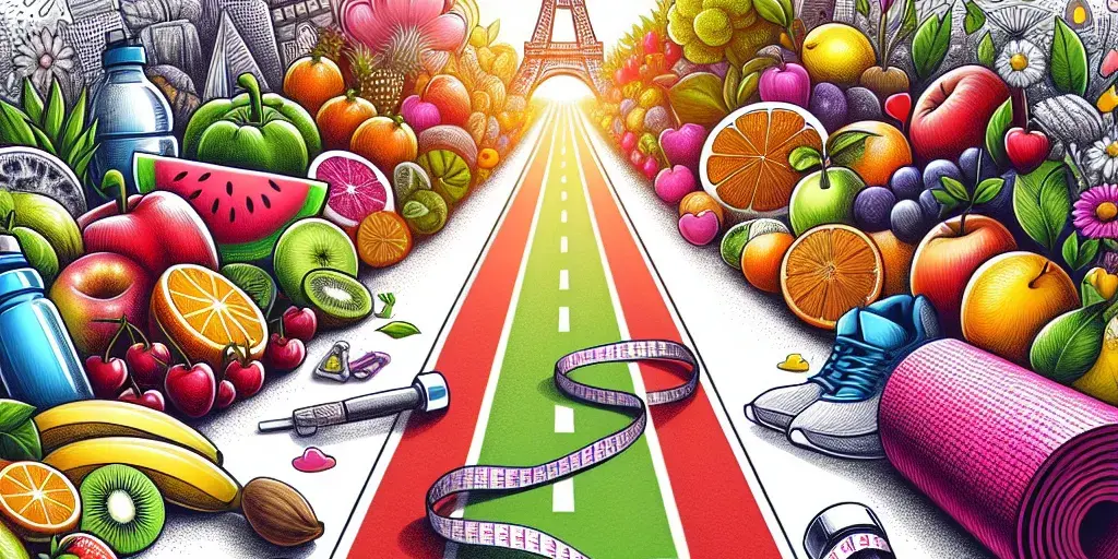 Illustration of weight loss motivation through a healthy path with fruits, vegetables, and exercise equipment.