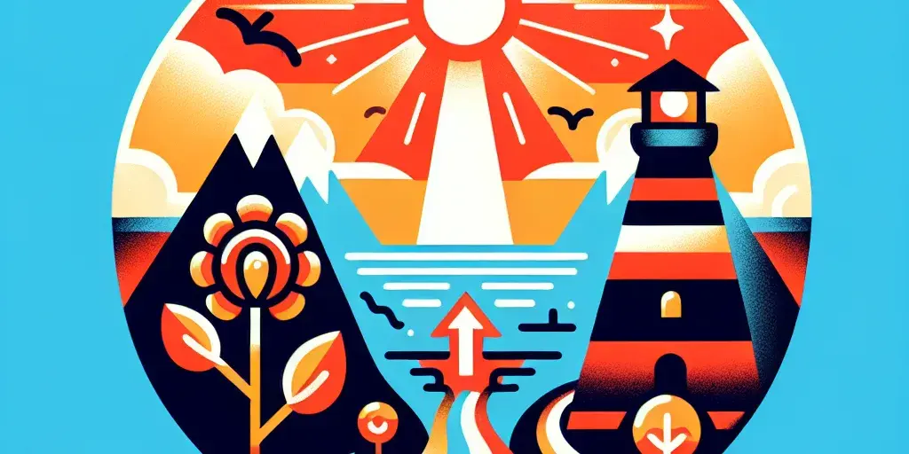 Illustration of rising sun, upward arrow, lighthouse, blossoming flower, winding path, and mountain peak.