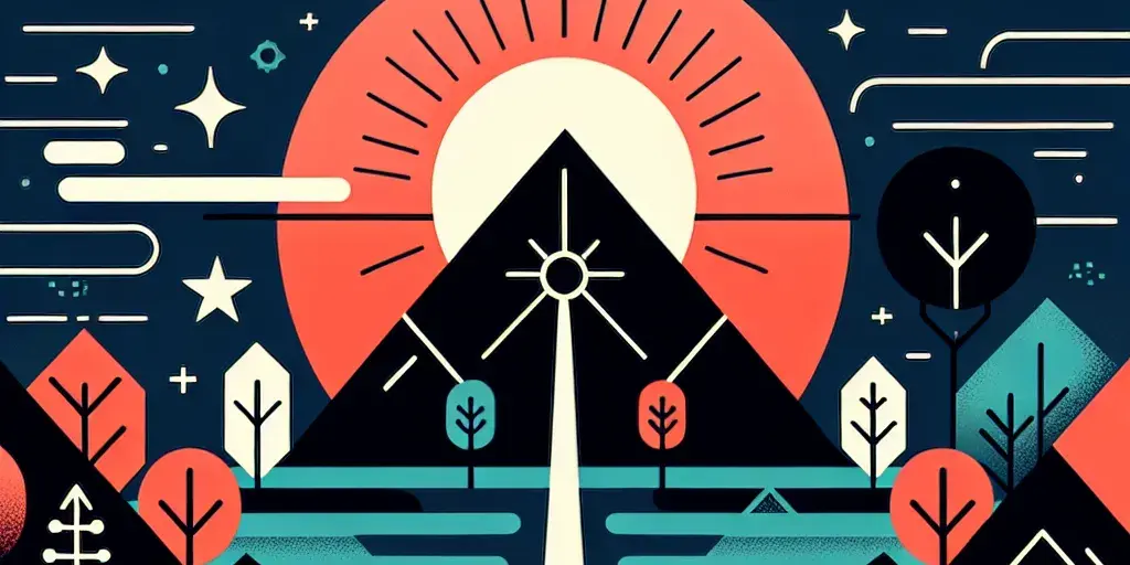 Stylized graphic with rising sun, towering mountain, and path in high-contrast dramatic colors.