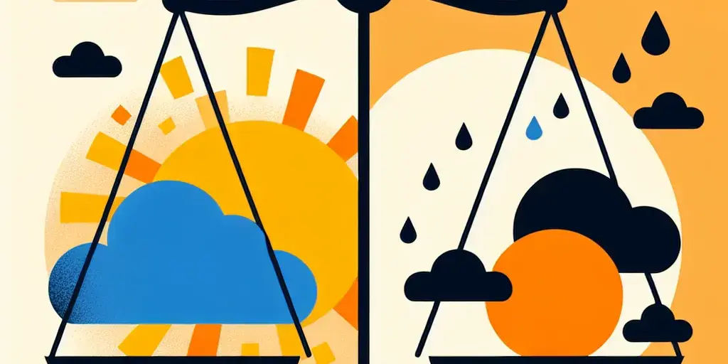 Abstract graphic art with balance scale depicting negative clouds and positive sun, vibrant colors.