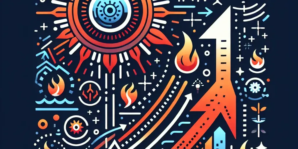 Abstract illustration with symbols of glowing fire, soaring arrow, and rising sun.