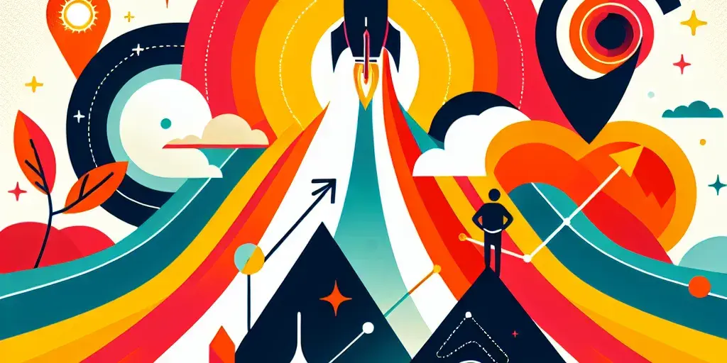 Abstract illustration with rocket, mountain, and sunrise in bright colors for motivation.