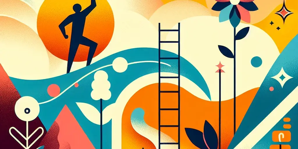 Abstract illustration with ladder, sun, flower, and mountain path symbolizing progress and growth.