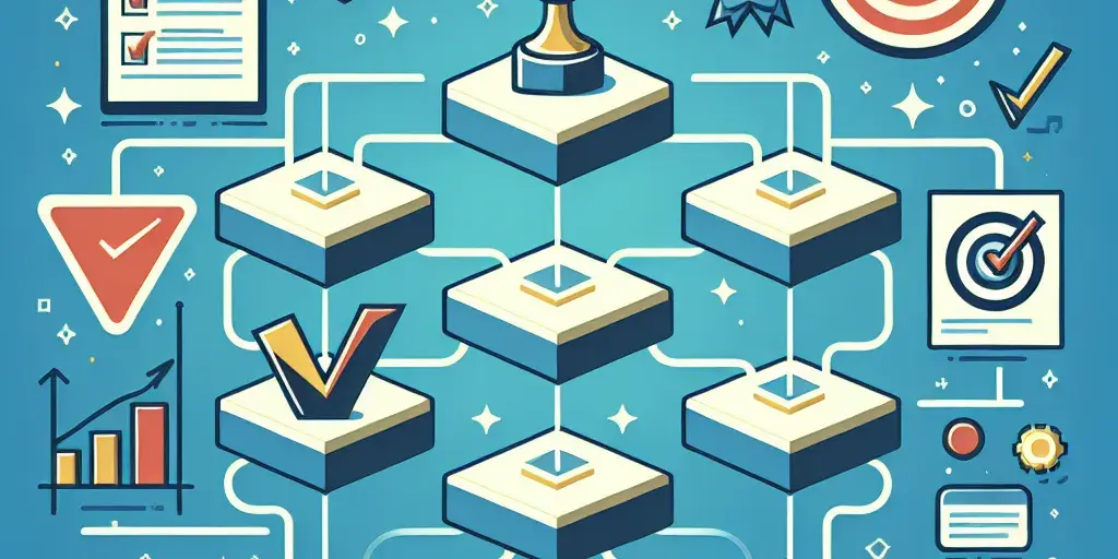 Stylized graphical representation of blueprint for achieving goals, with stages, checkmarks, and a trophy.