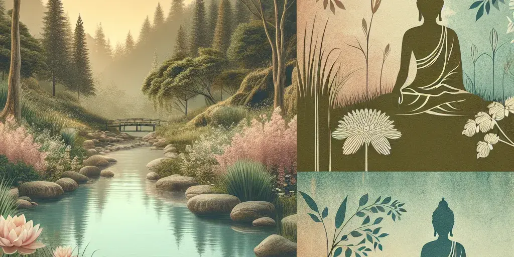 A tranquil forest with a calm river, soft breezes, Lotus flower, and Buddha's statue.