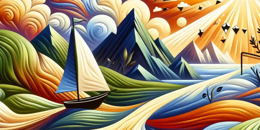 Abstract image representing motivation: sailboat pushed by wind, bright sun, mountain, clear path.