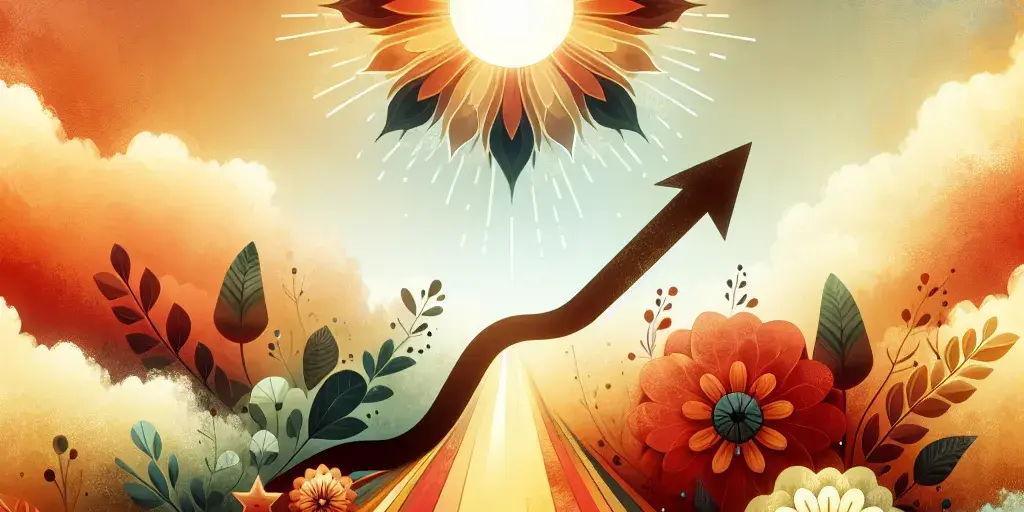Abstract representation of motivation with sun, ascending path, and vibrant flowers in warm colors.